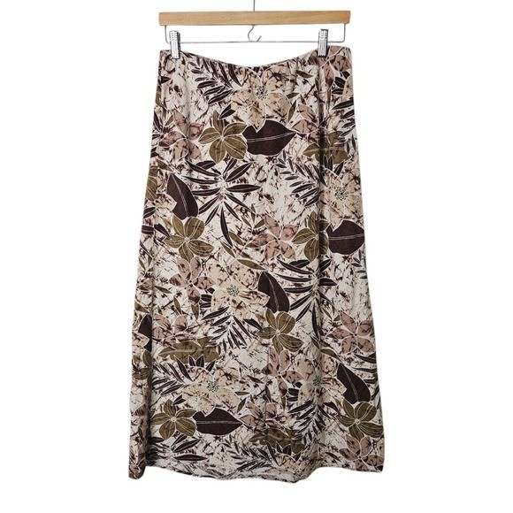 VTG M Linen Blend A-Line Maxi Skirt Brown Tropical Floral Lined Elastic Waist