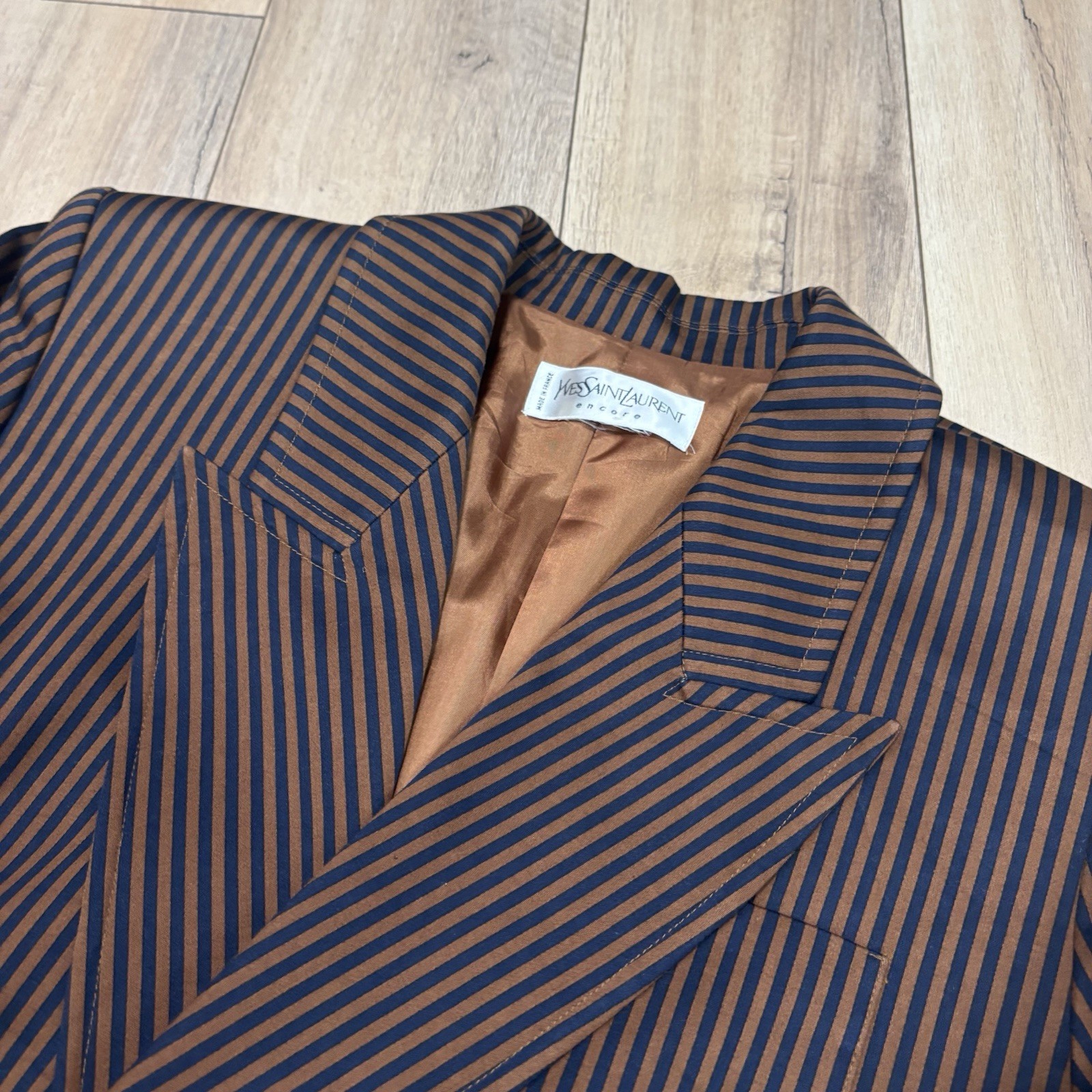 Vintage Yves Saint Laurent Encore Gold Black Cotton Blazer 22.5 in Chest France