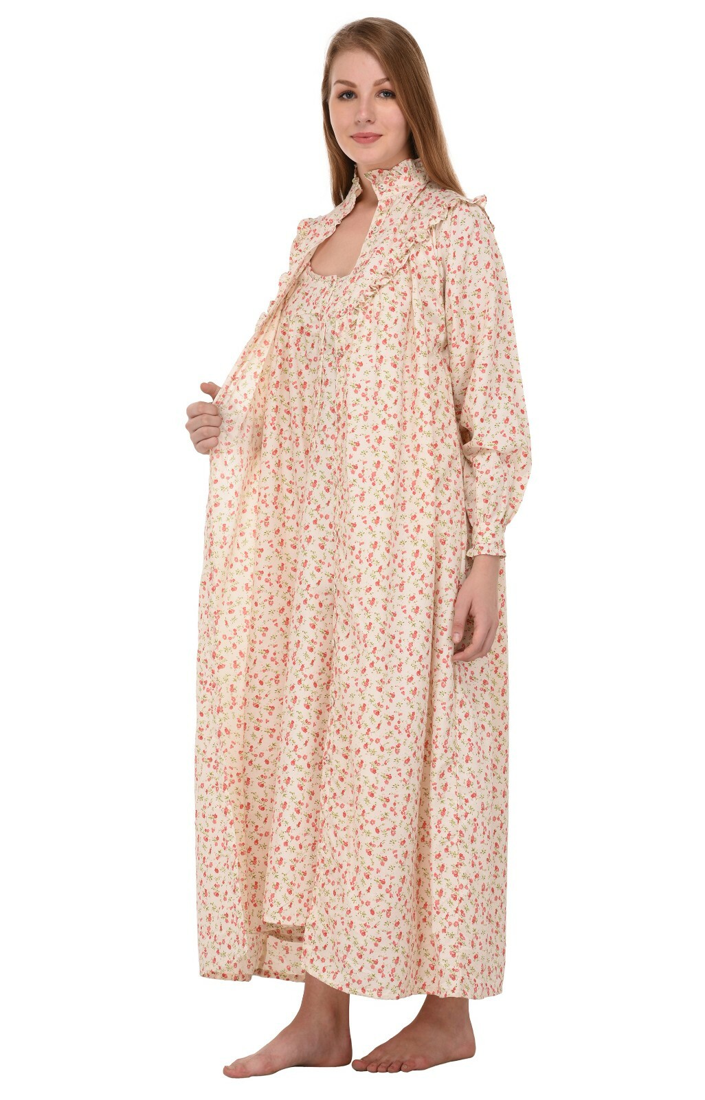 Wrinkle-Resistant Printed Nightdress/Housecoat Set | Cotton Lane