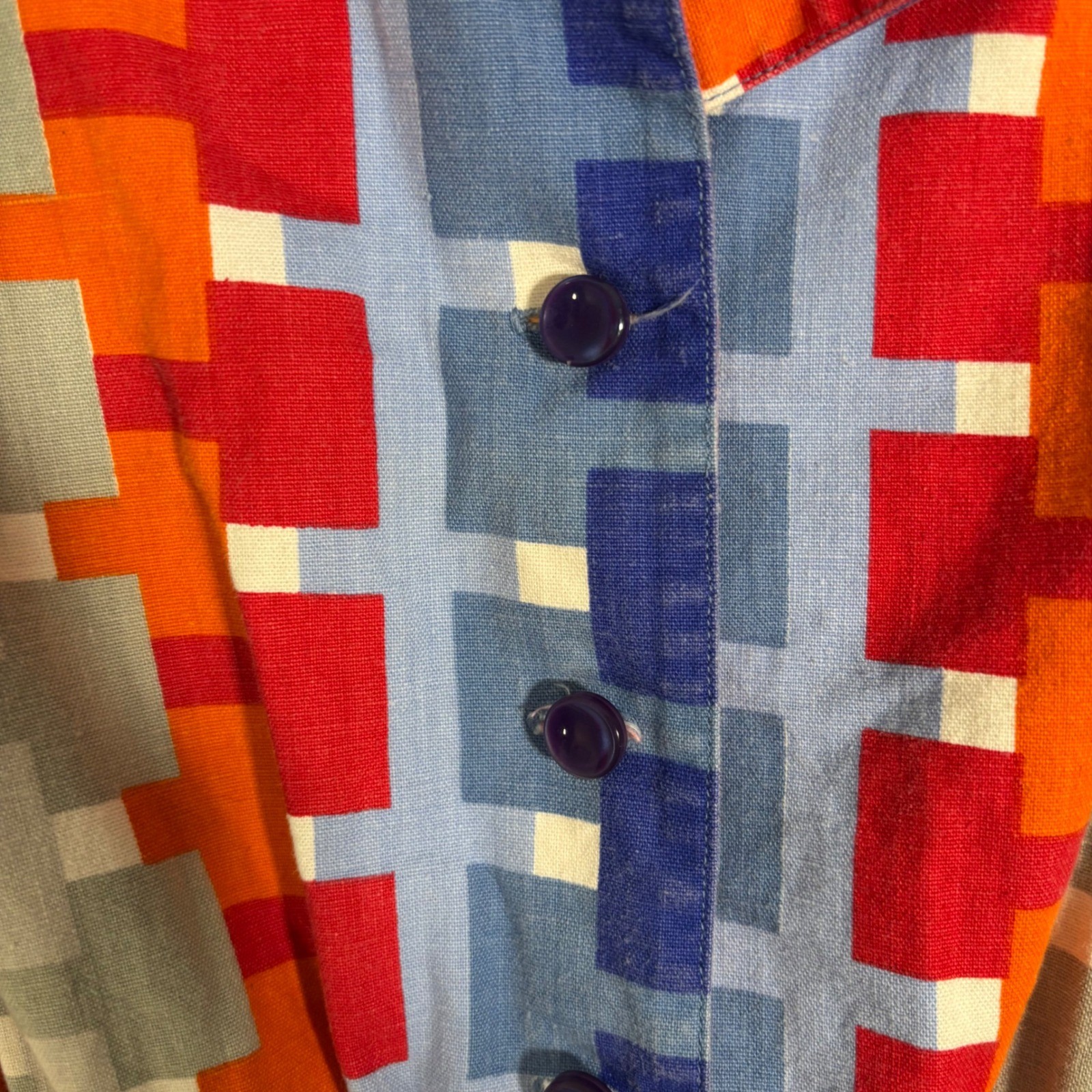 Vintage Geometric Pixel Print Fit & Flare Shirt Dress Multicolor 70s Style MCM