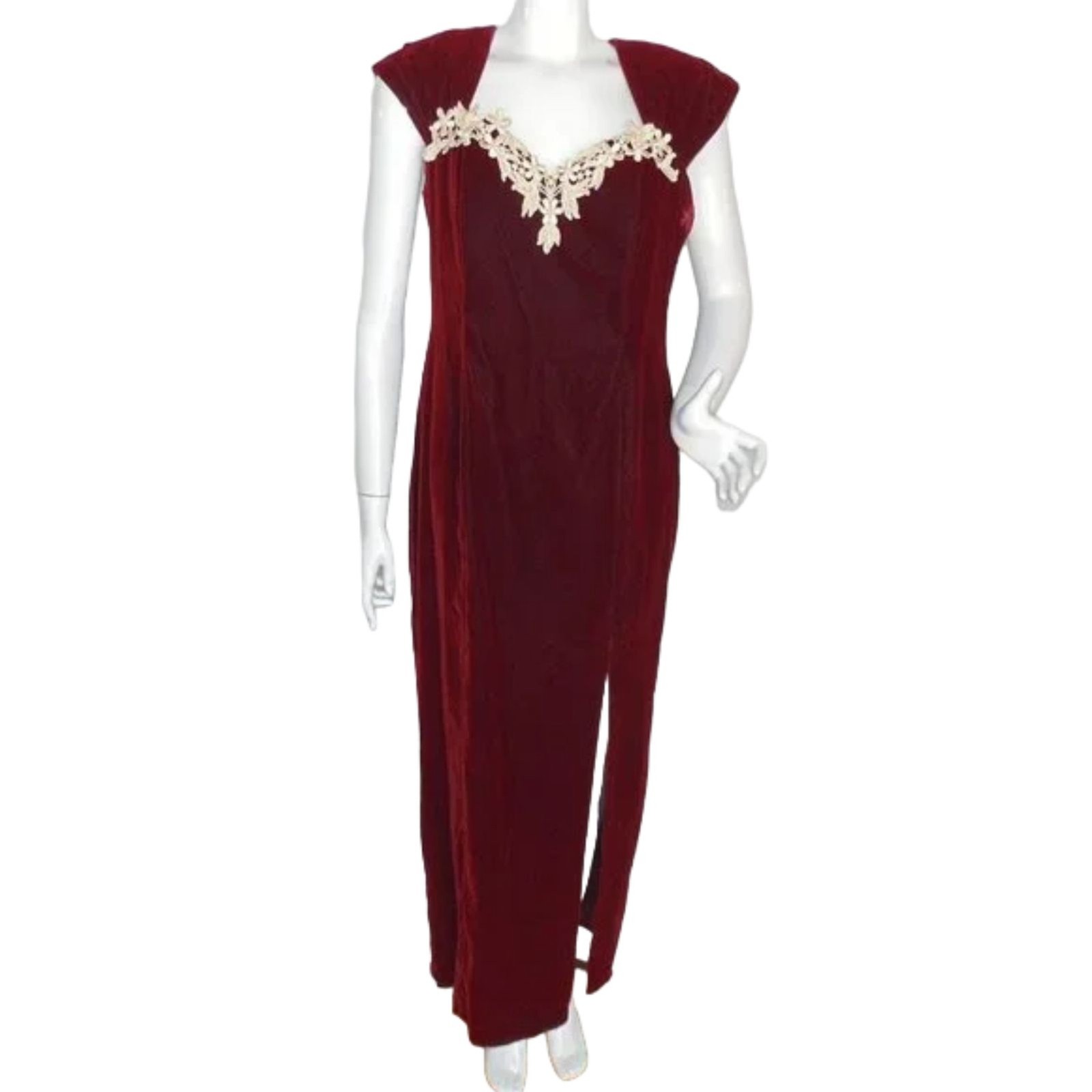 DOLLAR Burgundy Velvet Dress, M, VINTAGE, Maxi, Satin bow, Lace Sweetheart neck