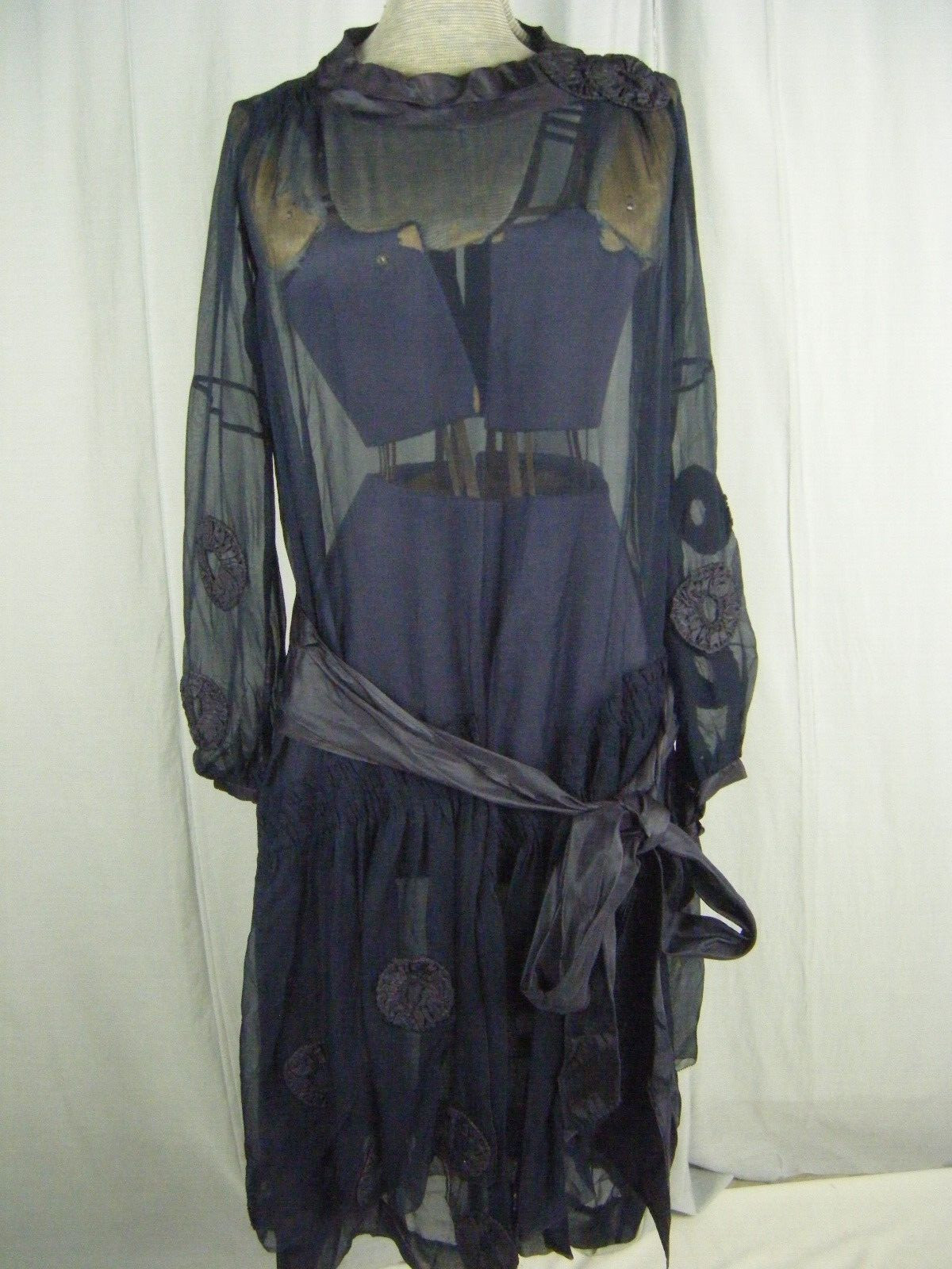 Antique 1927 Navy Blue Chiffon Silk Flapper Dress & note 3 pcs-Bust 38/2XS-XS