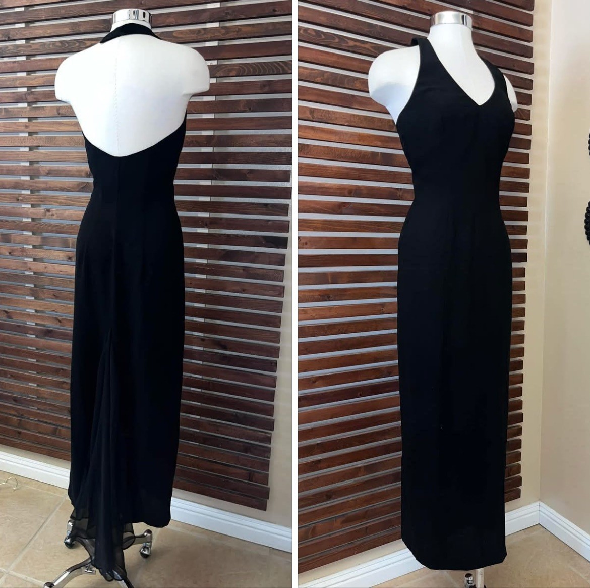 Vintage 1990s 90s Rampage Halter Black Maxi Formal Dress w/ Sheer Draped Back
