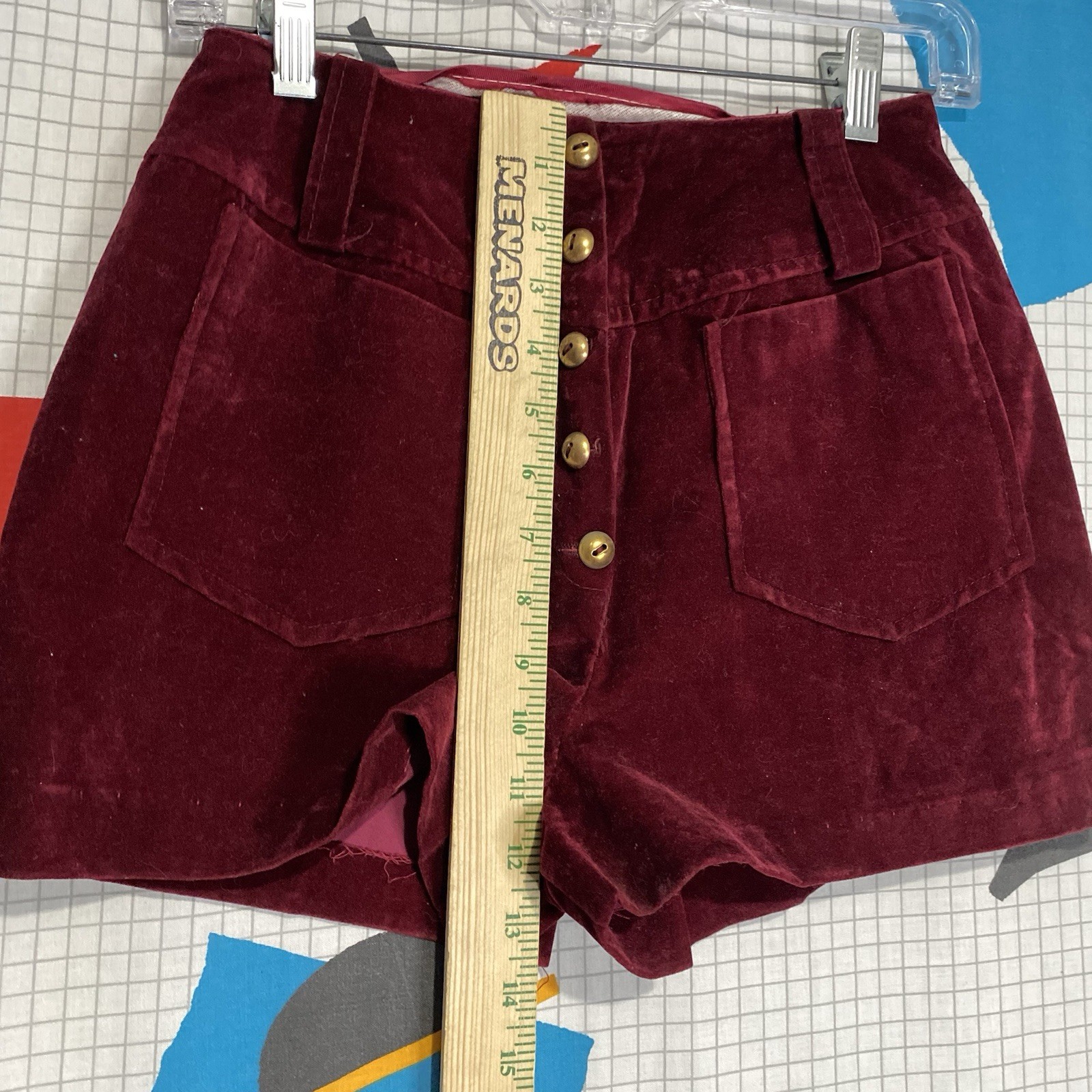 Vintage 60s 70s Velvet Shorts High Waist 25 Gold Buttons Disco Rockabilly Pin Up