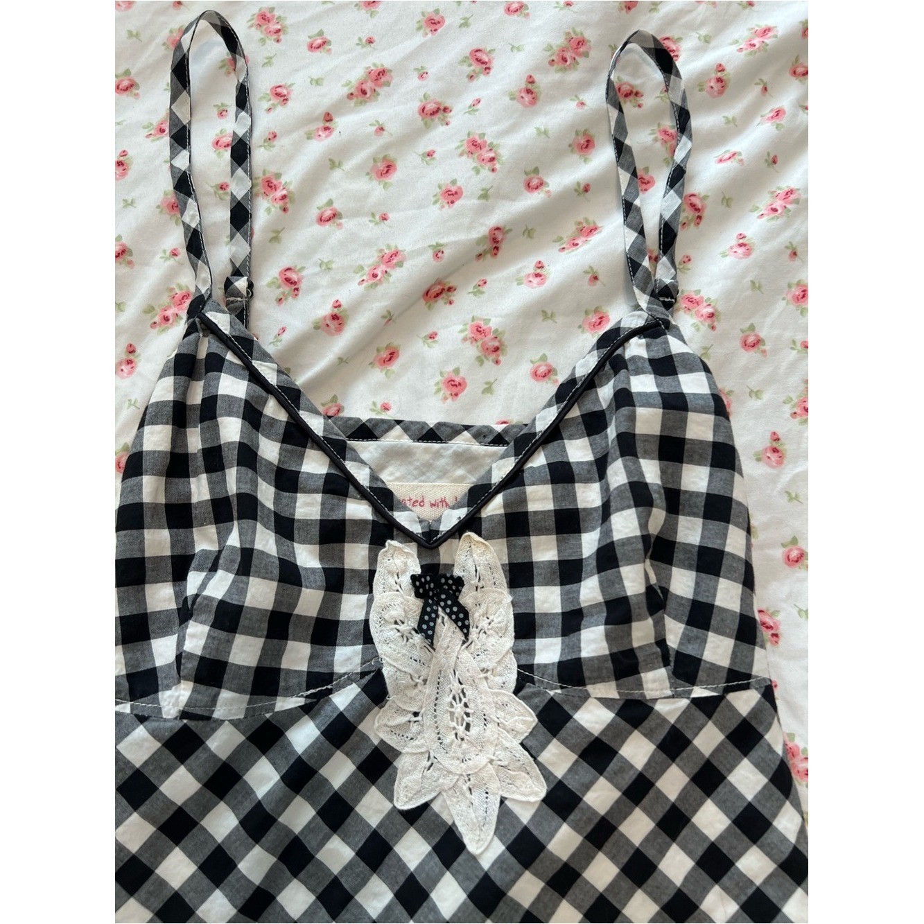 vintage black & white gingham babydoll tank top with lace and bow