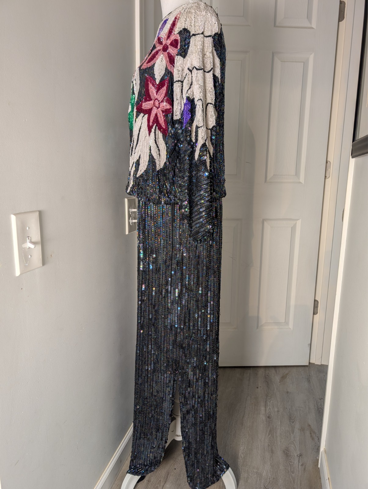 Vintage Hand Beaded Sequin 100% Silk Floral Judith Ann Creations Blouse Skirt L