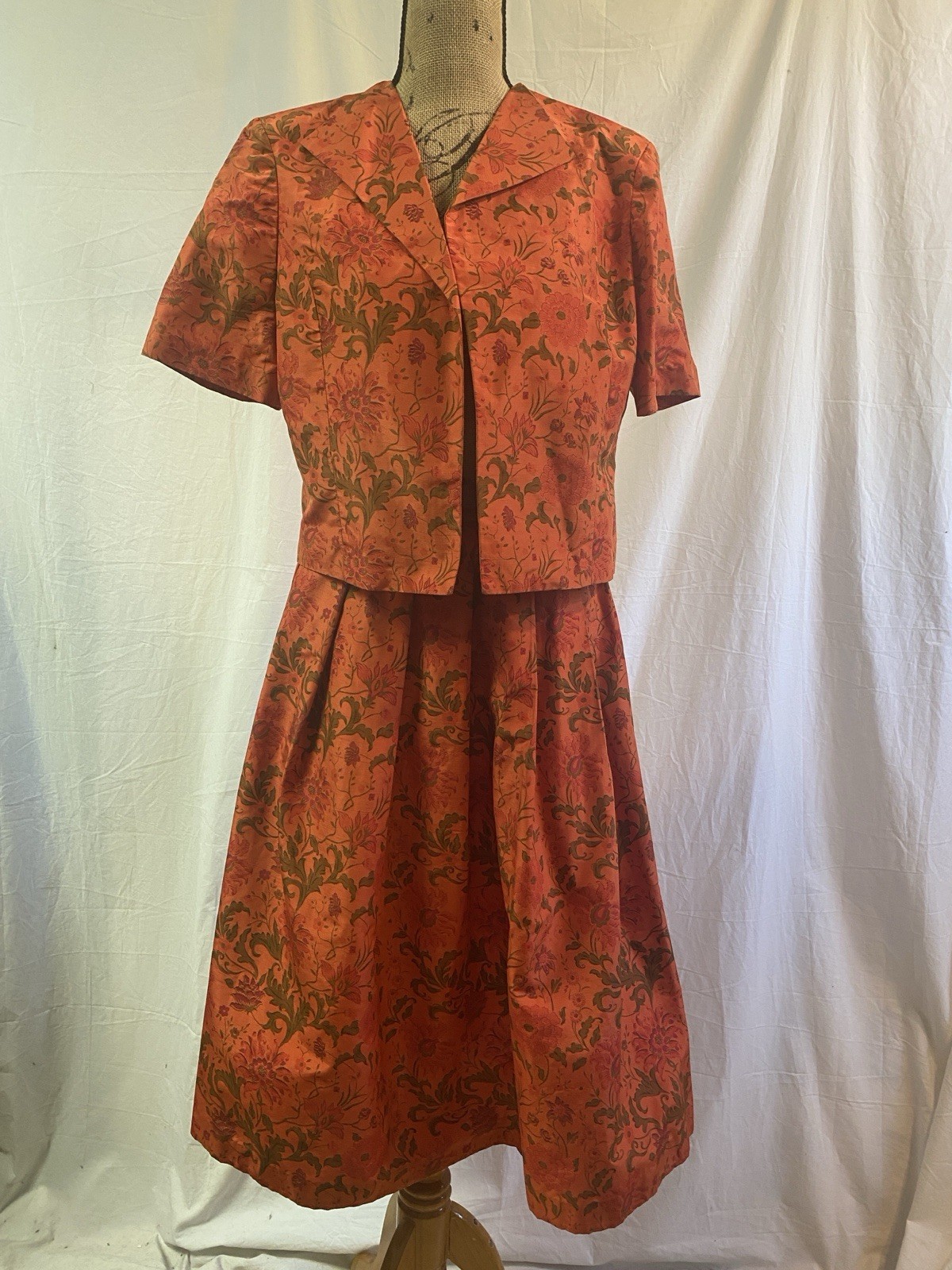 Handmade Vintage 50s Orange Floral Summer Suit Full Skirt Cropped Jacket M