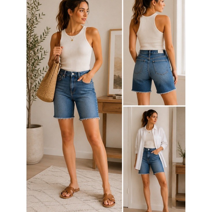 Good American Good 90s Bermuda Denim Shorts Raw Hem Blue Wash High Rise Size 4