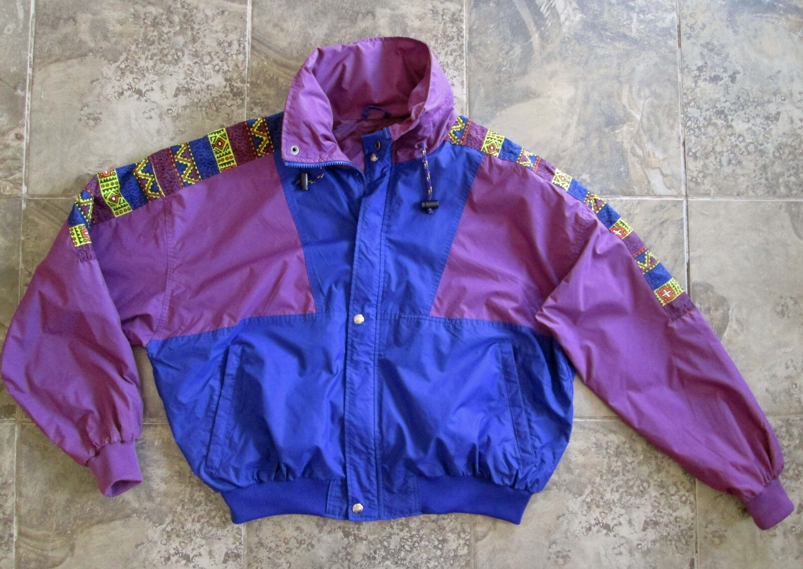 Vintage Pro Gear Nylon Jacket Women&rsquo;s Large Color Block Purple Neon Hooded Korea