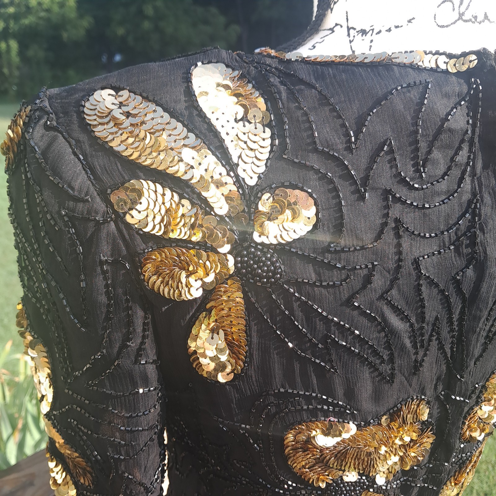 Vintage Stenay Silk Sequin Beaded Top Small Floral Black Gold Regency Goth Event