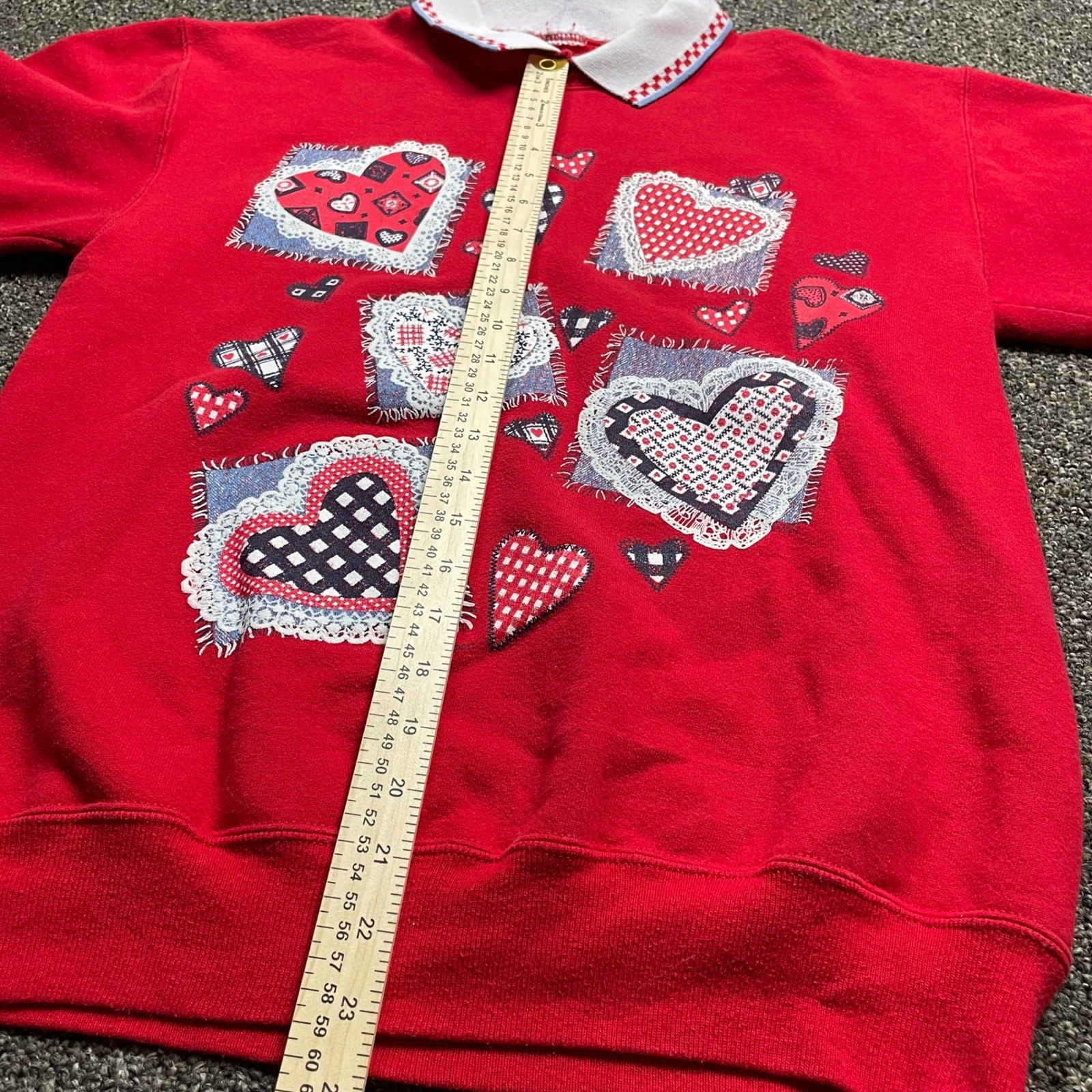 Vintage Red Heart Patchwork Sweatshirt White Polo Collar Valentine Cottage core
