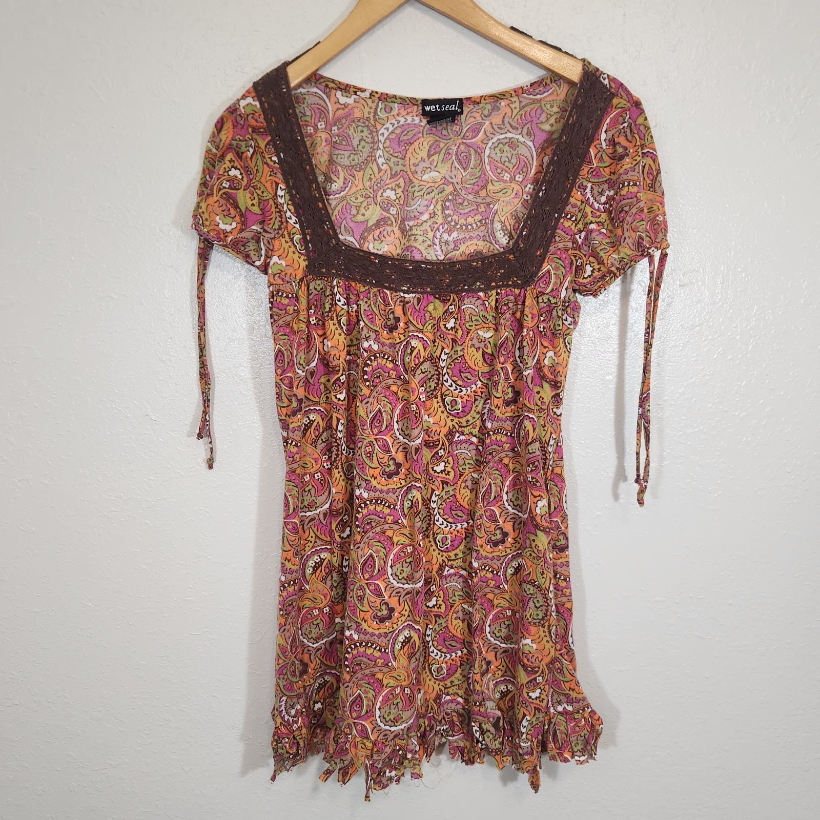 Vintage Wet Seal Y2K 90s Dress M Babydoll Crochet Fringe Colorful Paisley Tunic