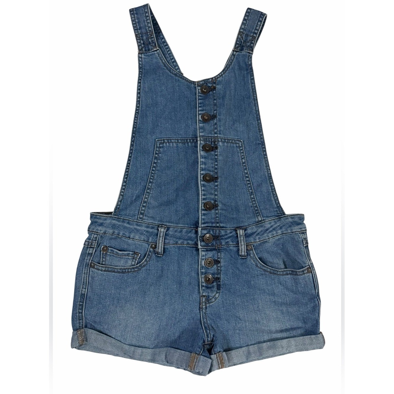 Free People Size 26 Denim Overall Shorts Open Back Button Front Boho Festival
