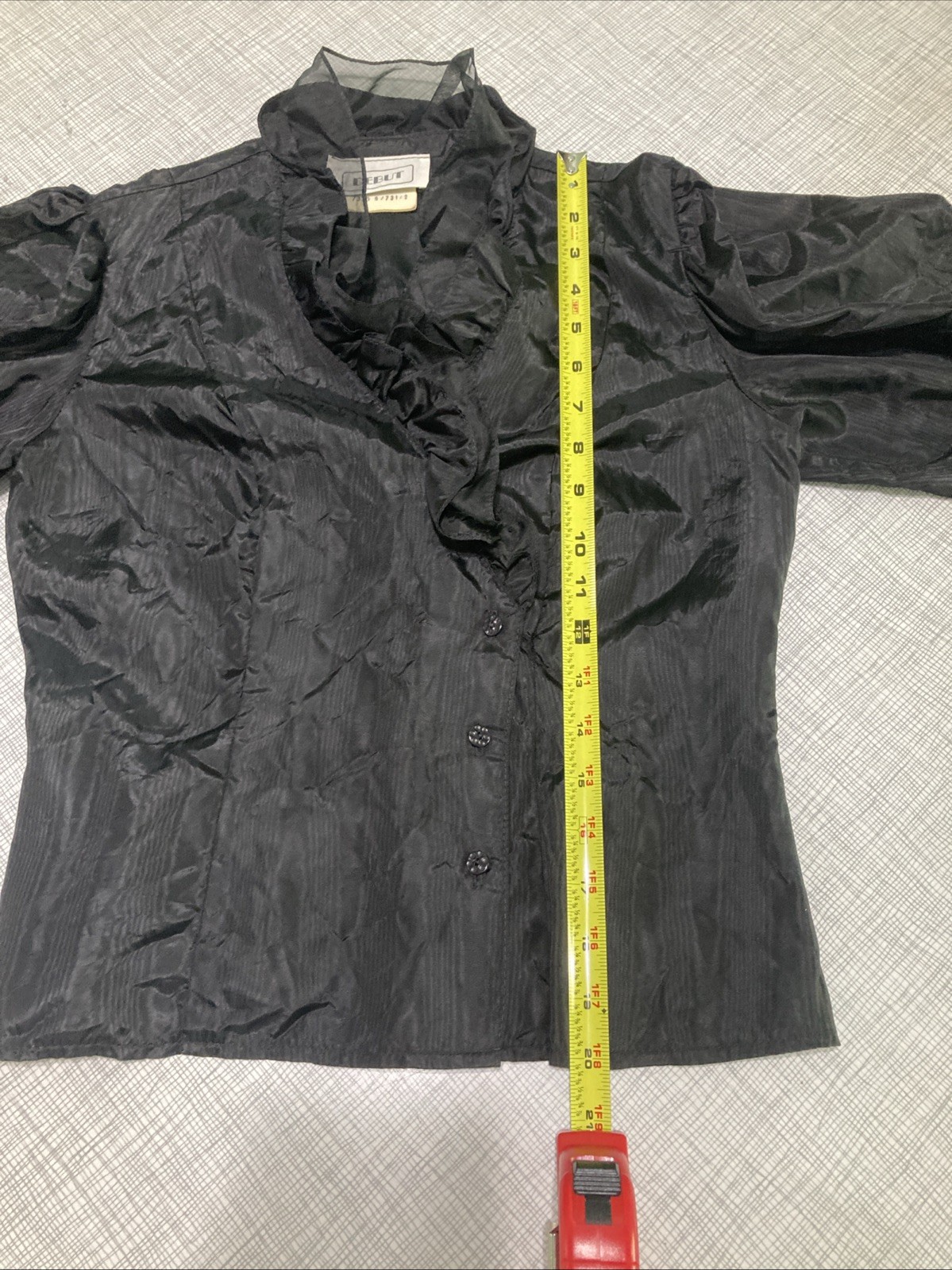 Vtg 80s Debut Goth Victorian Ruffle Jacket Blouse Acetate Balloon Sleeve Black