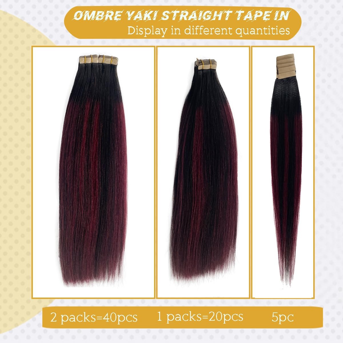 Human Hair Tape-in Extensions Black Remy Yaki Straight Seamless Balayage