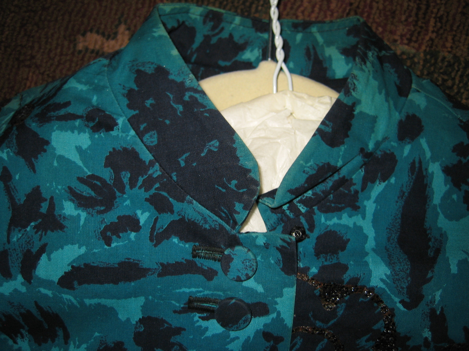 Vintage, Teal/Black Mandarin Collar Button Front 3/4 Sleeve Mini Dress/Tunic.