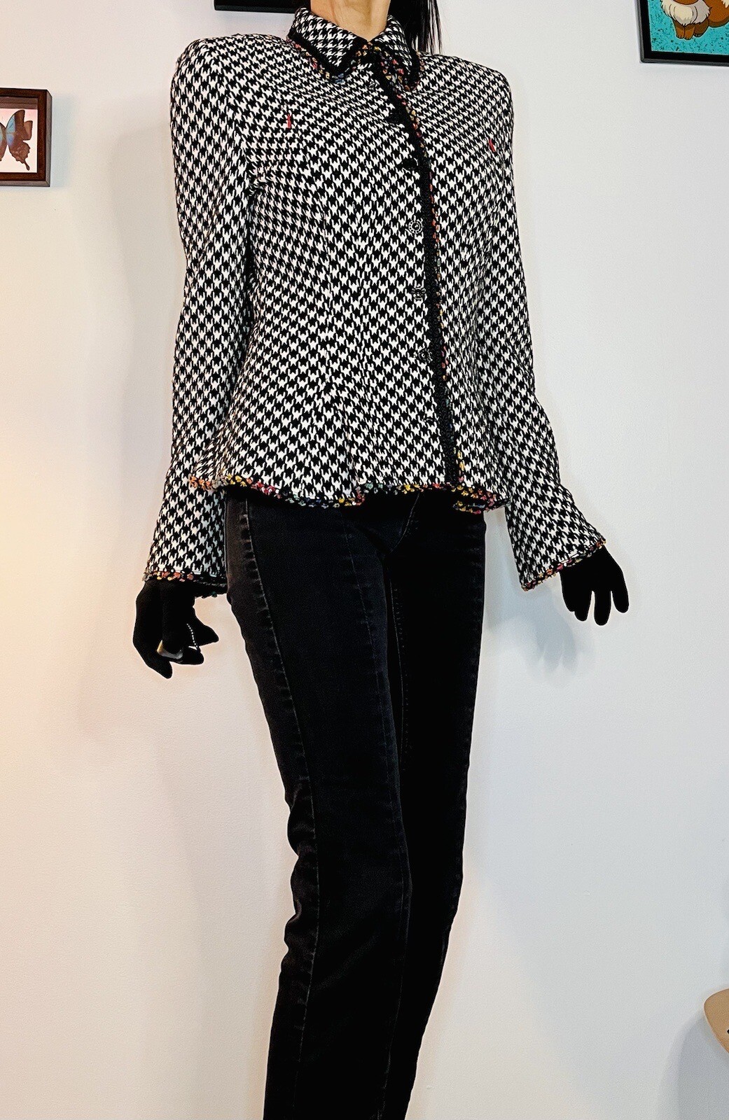 Vintage 80’s Houndstooth Fitted Blazer Rainbow Trim Bell Sleeves Stretch
