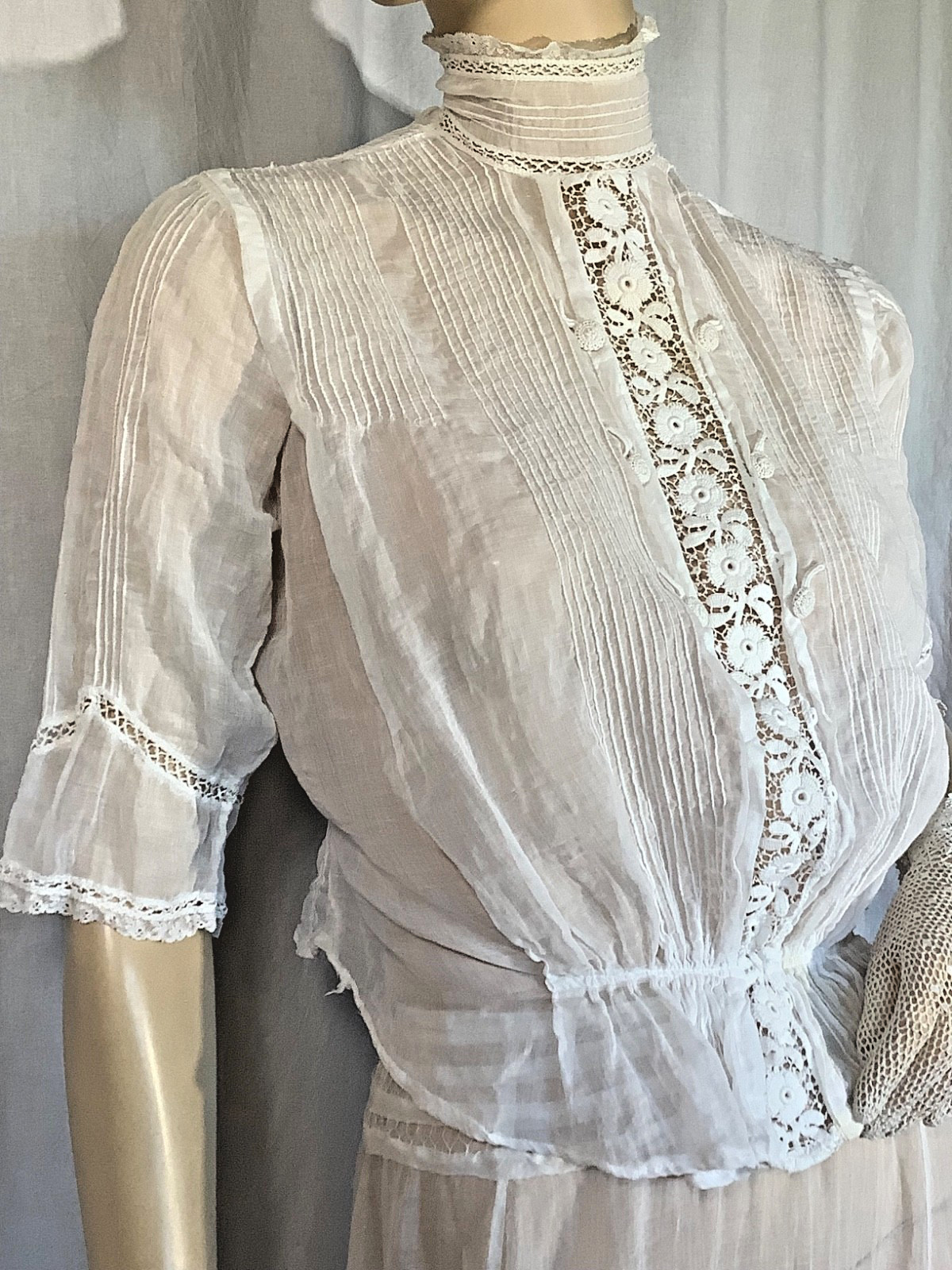 antique Edwardian blouse Top white Cotton lace M heirloom High neck 3/4 sleeve