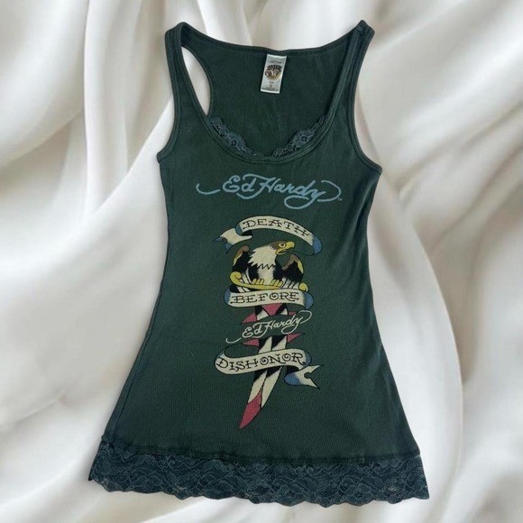 Rare Ed Hardy green peekaboo lace graphic tank top y2k vintage mcbling grunge