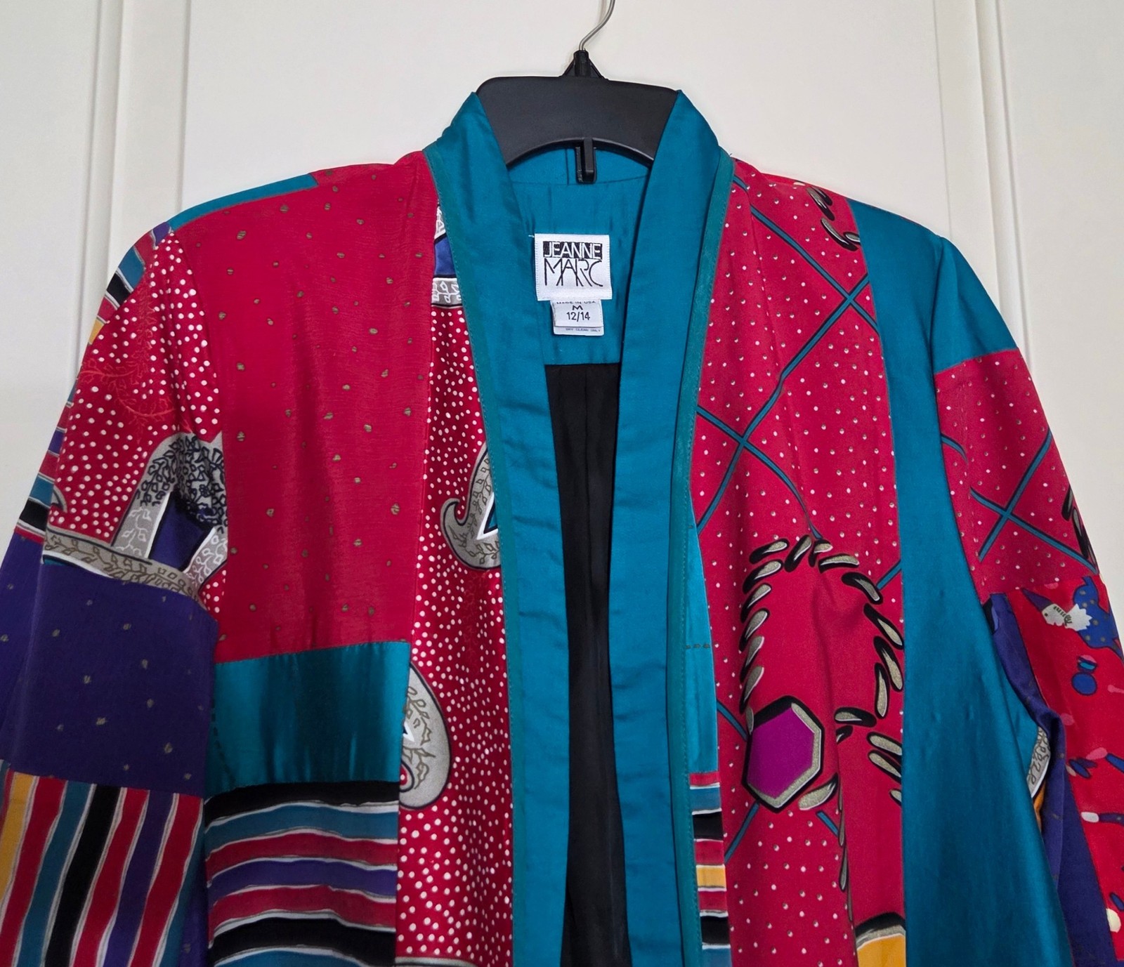 1980s JEANNE MARC Bright Teal Multi Print Patchwork Jacket Duster Coat M 12/14