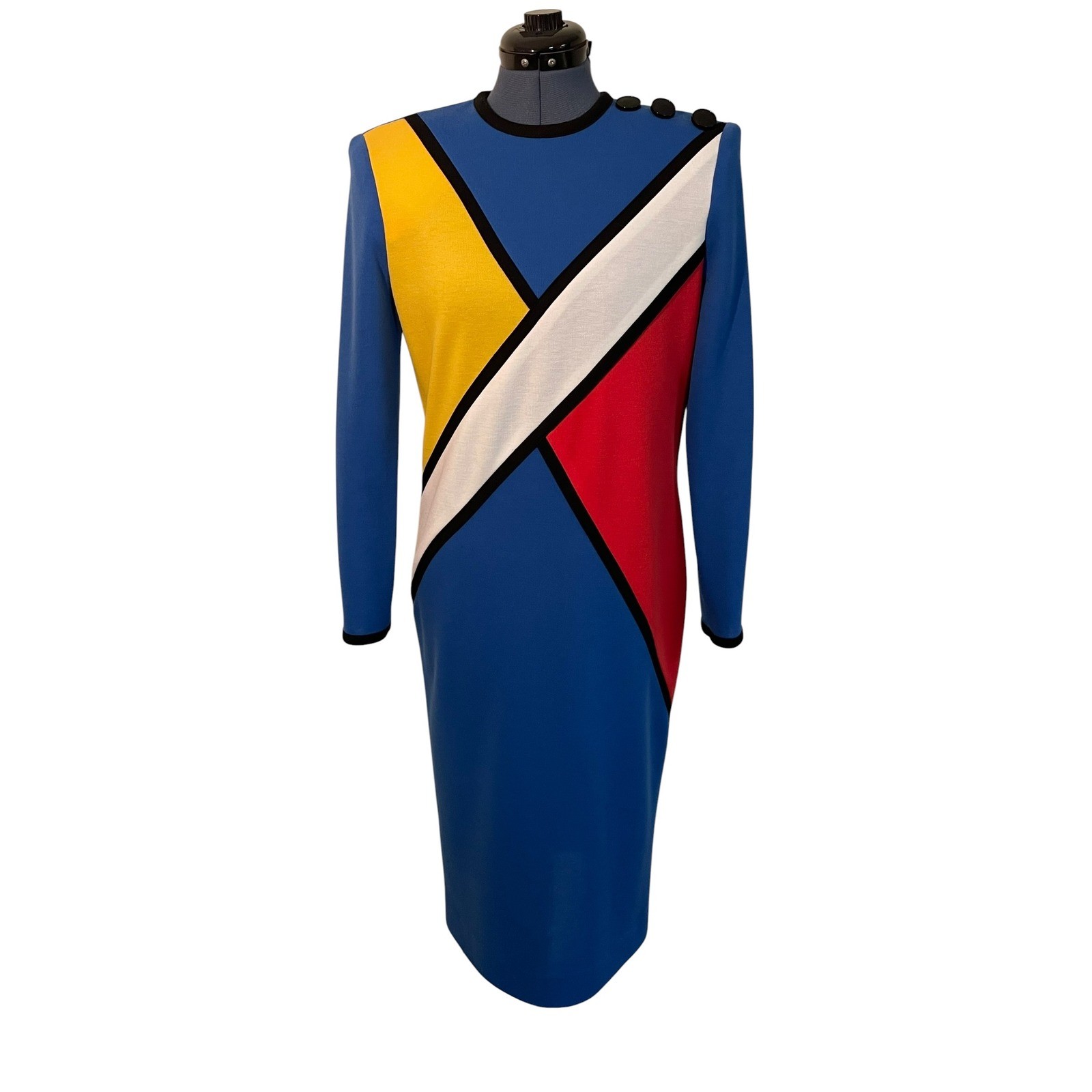 Vtg Color Block Mondrian Style Art Deco Sheath Dress Blue Red Yellow 80s Chic 6