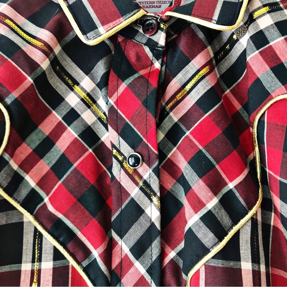 80s Kenny Rogers Western Plaid Button Down Piped Yoke Rodeo Chic Pearl Snap Sz M