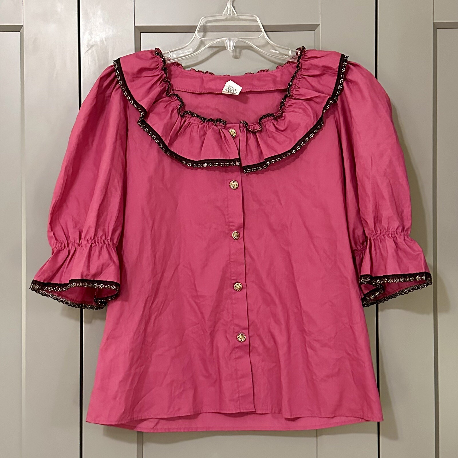 Vintage Malco Modes Puff Sleeve Top Size USA made Pink Lace Trim Squaredance S
