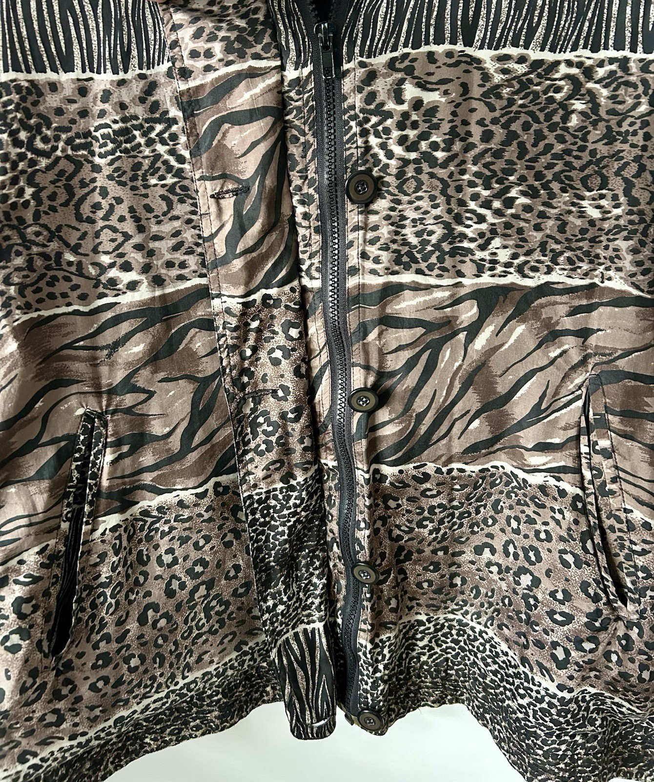 Vintage Silk Bomber Jacket 90&rsquo;s Leopard Print Stunt Sports Large Women&rsquo;s