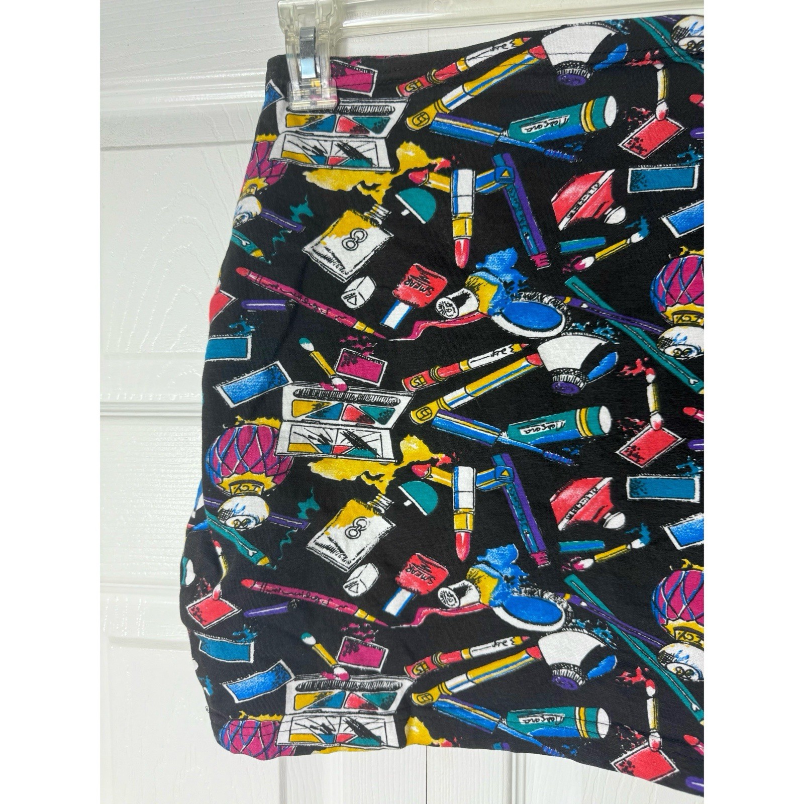 Vintage 80s Equipt Black Makeup Cosmetics Perfume Print Bodycon Mini Skirt Large