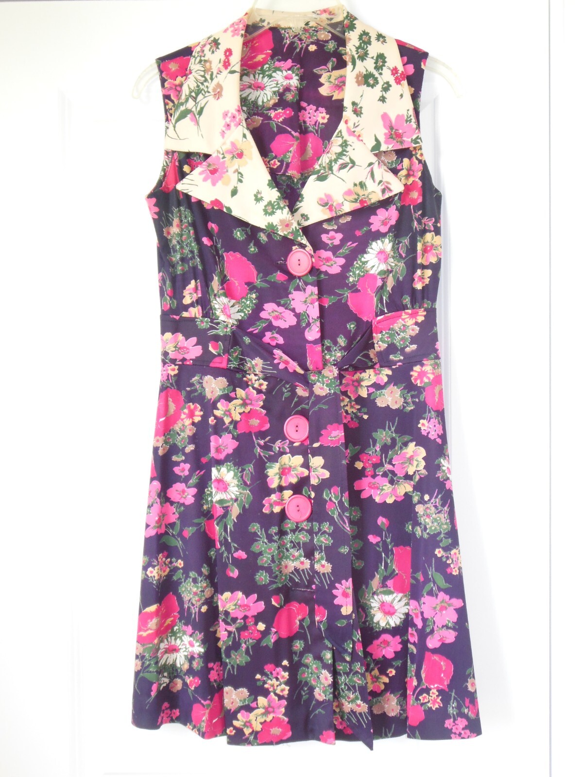 Vintage Floral Dress sz ~S Large Collar Button Front w Belt 60&rsquo;s 70&rsquo;s Sleeveless