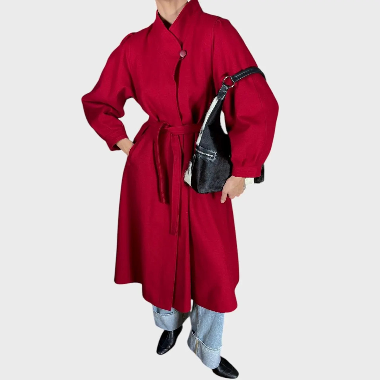 Vintage Red Wool Coat Belted Waist Elegant Longline Overcoat size US10; EU40