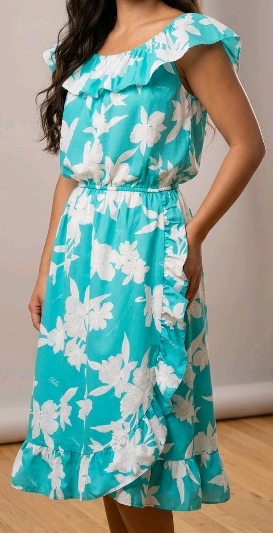 Vintage 70&rsquo;s Basically Hawaiian Aqua White Side Ruffle Dress Made In Hawaii M
