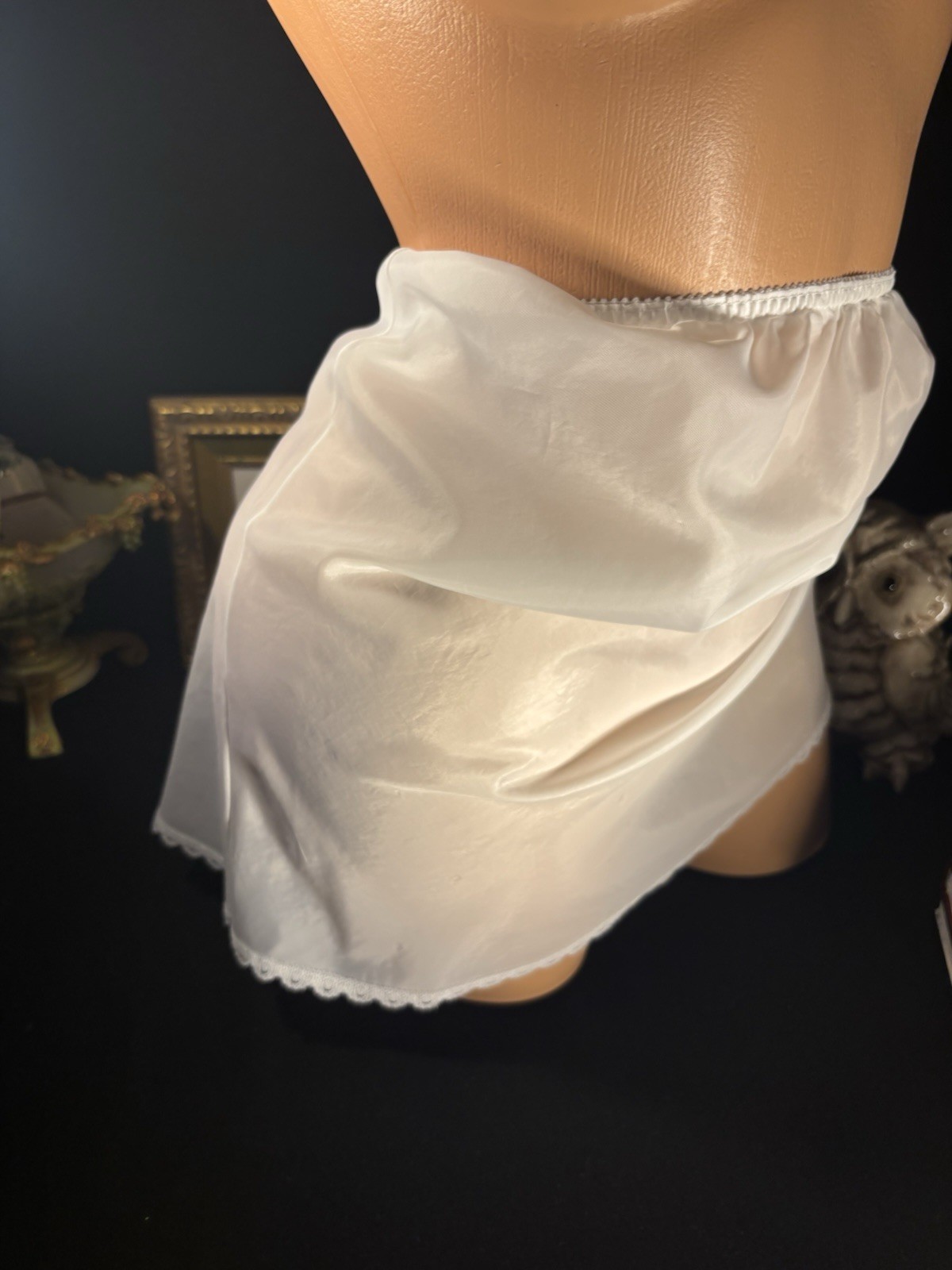 Vtg SATIN THIN TISSUE SHEER MINI SLIP SKIRT Oily Wet thin LINGERIE OFFICE SISSY