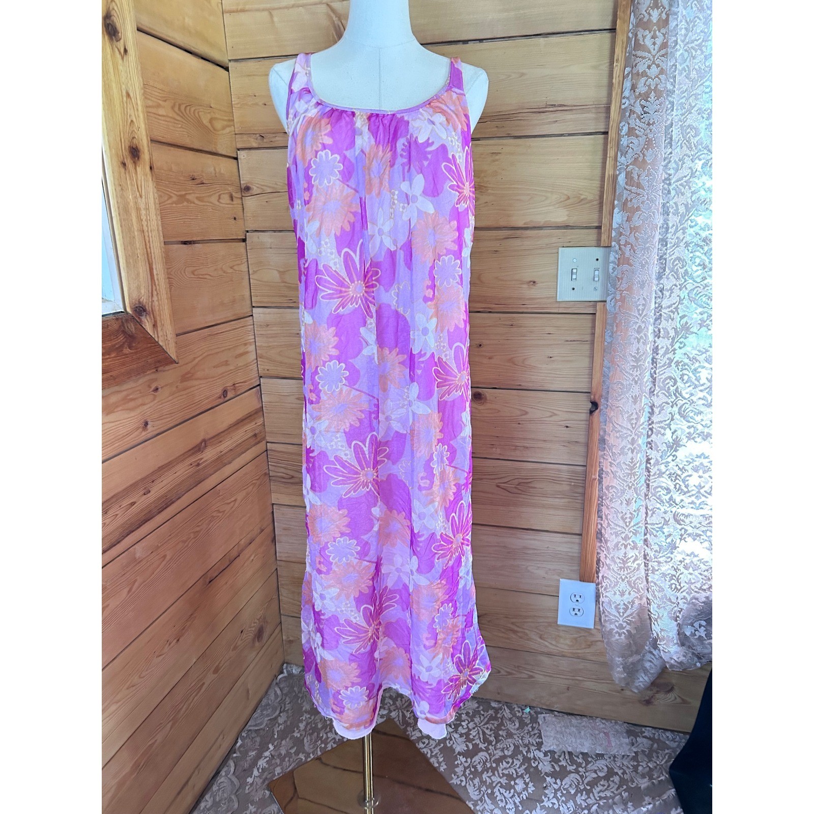 Vintage Nightgown Women Large Purple Pink Floral Psychedeli Sheer Maxi 60s Retro