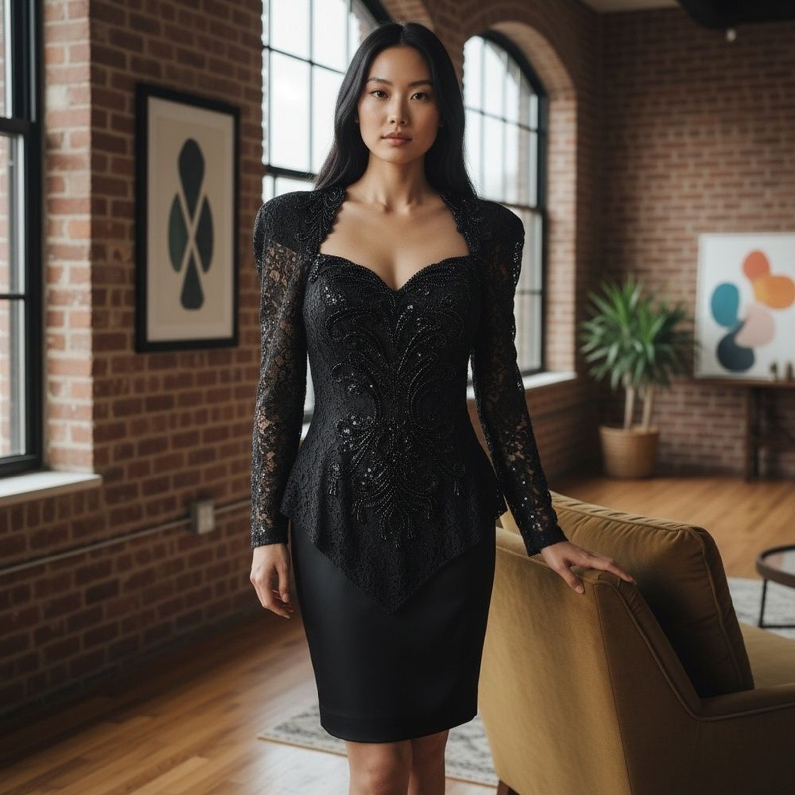Vintage 80s Karen Okada Beaded Elegant Black Dress