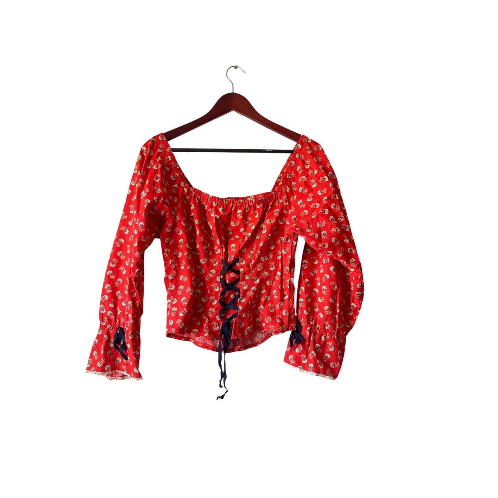 Vintage 70s Joseph Magnin Red Floral Peasant Blouse Corset Lace Up Puff Sleeve