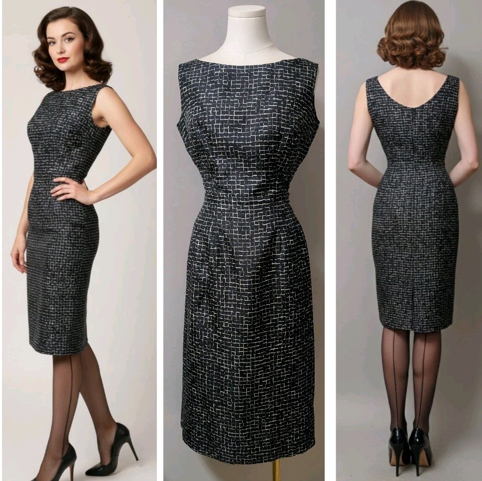 Vintage 50&rsquo;s Bombshell Geometric Pencil Wiggle Dress Metal Side Zip XS
