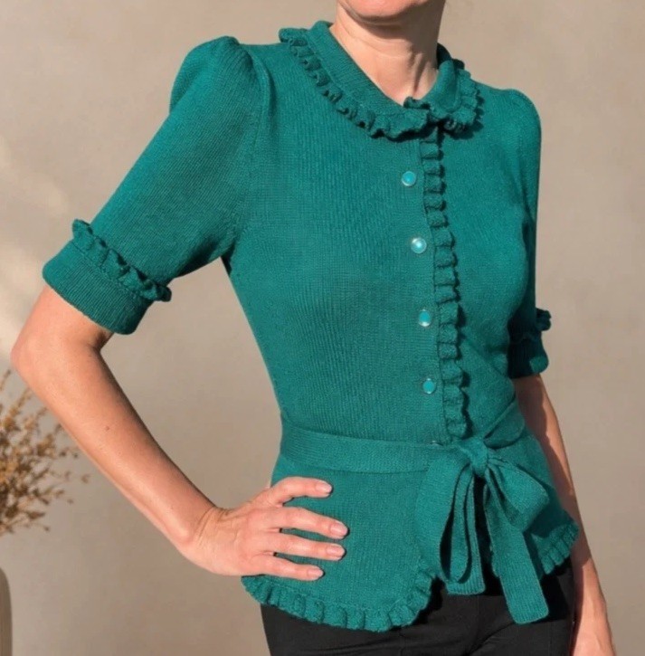 Wool Cashmere Knit Cardigan, Wool Sweater, Handmade Vintage Green Belted Blouse