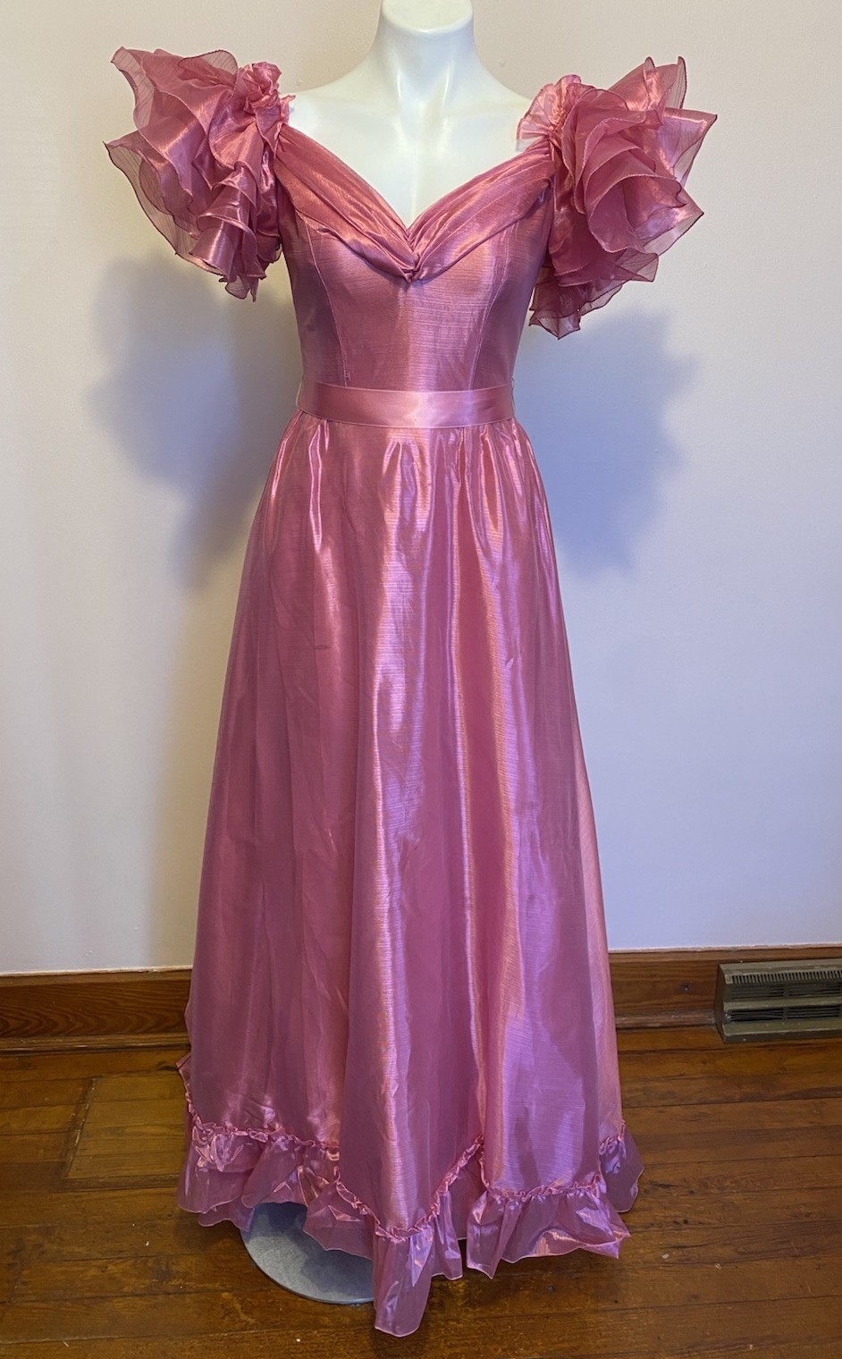 VTG Pink Poyester Taffeta Glinda Fairy Formal On/Off Shoulder Gown Train 5/6
