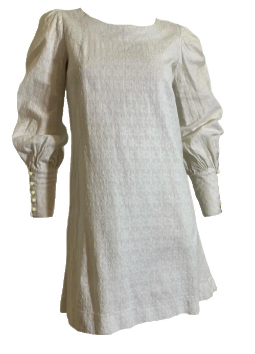 True Vintage 1960s Mod White Textured Cotton Mini Dress Full Sleeves Wedding