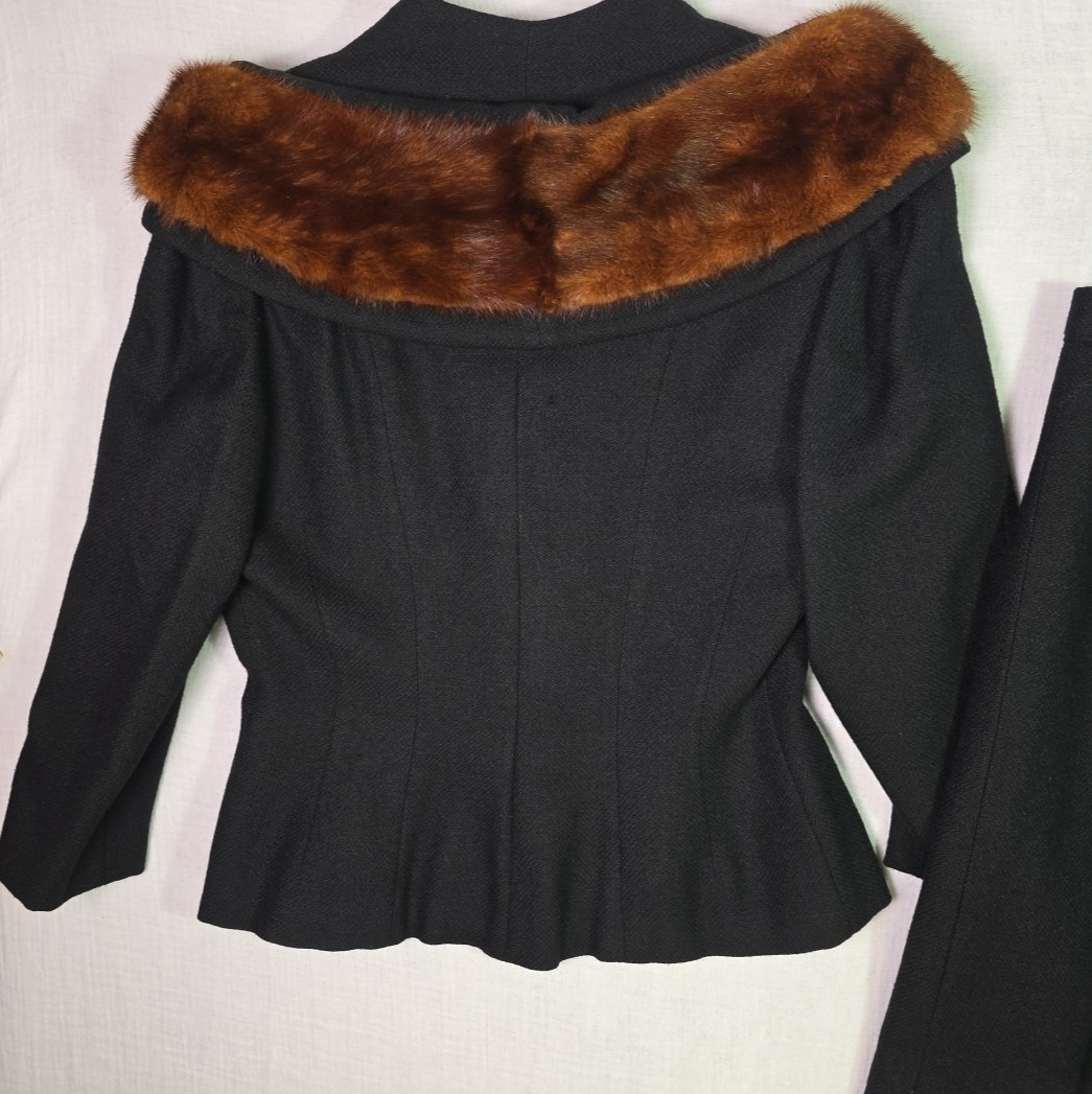 Vintage Lilli Ann Black Wool Suit Set w Genuine Fur Collar 2 Pc Small