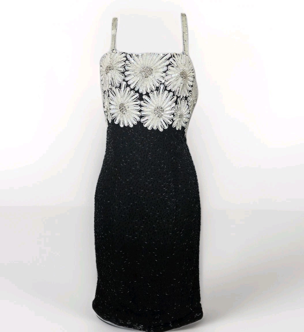 VTG Frank Usher Heavy Beaded & Sequinned 100% Silk Dress Size S 80s 90s Floral