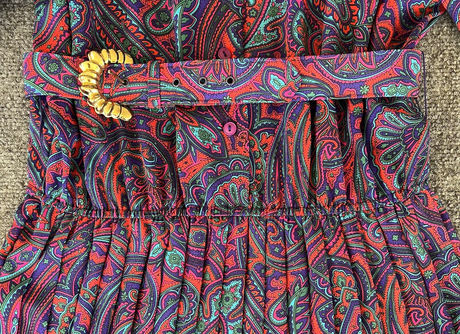 Lady Carol Petites VTG Dress Red Blue Neon Pleated Belted Hippy Fairy Size 10
