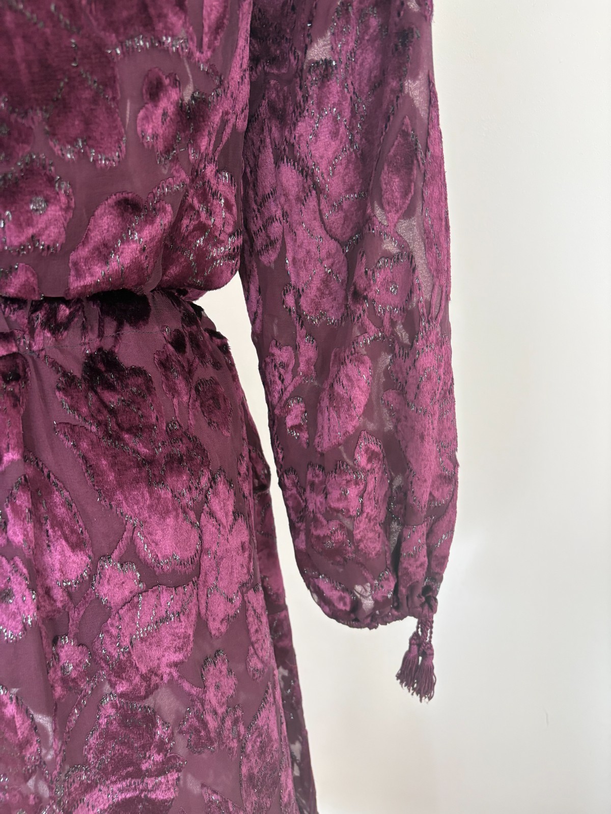 VTG 1977 Oscar de la Renta Burgundy Devoré Tassel Blouse & Skirt Set