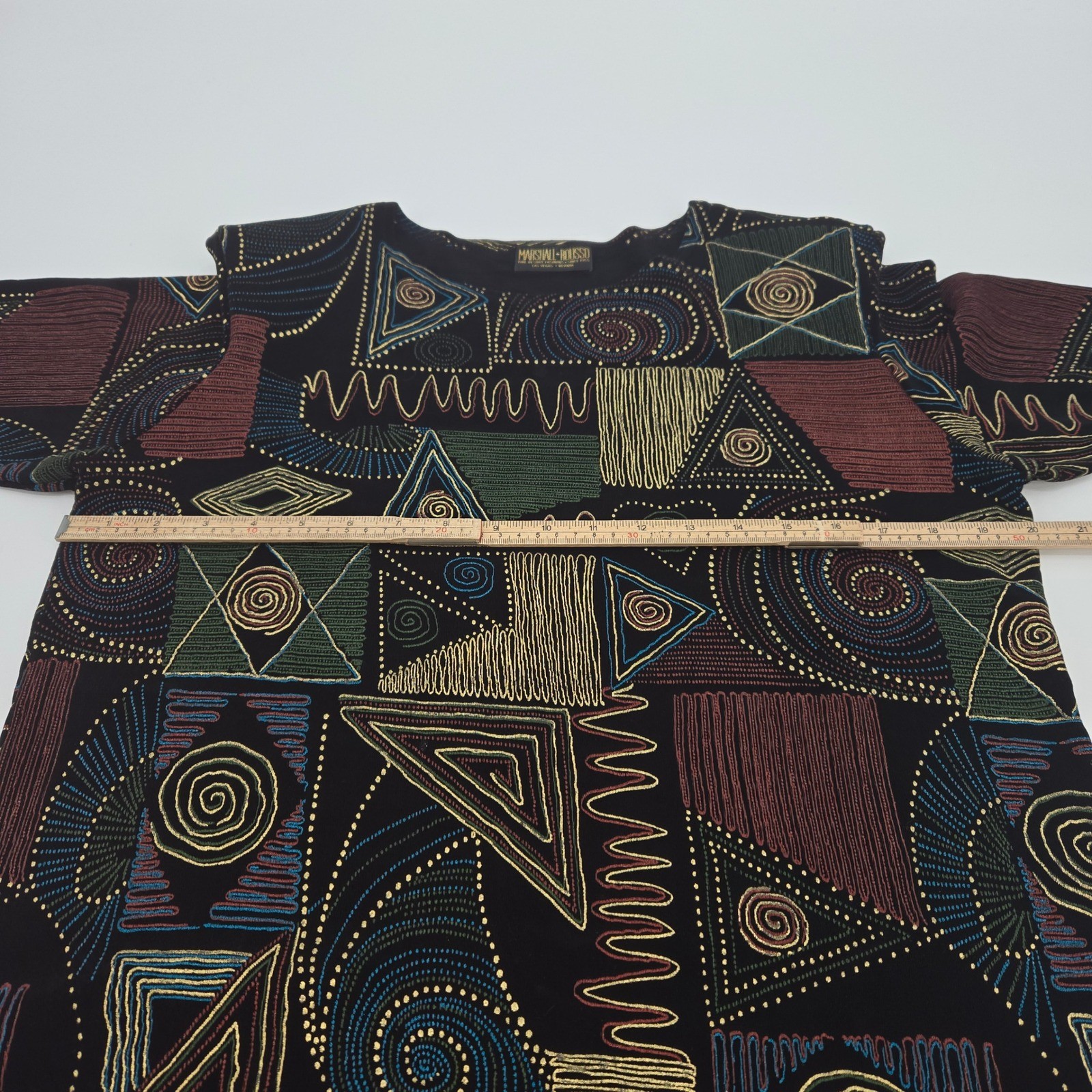 Marshall-Rousso Top M Black Geometric Abstract Vintage Artsy Resort Going Out