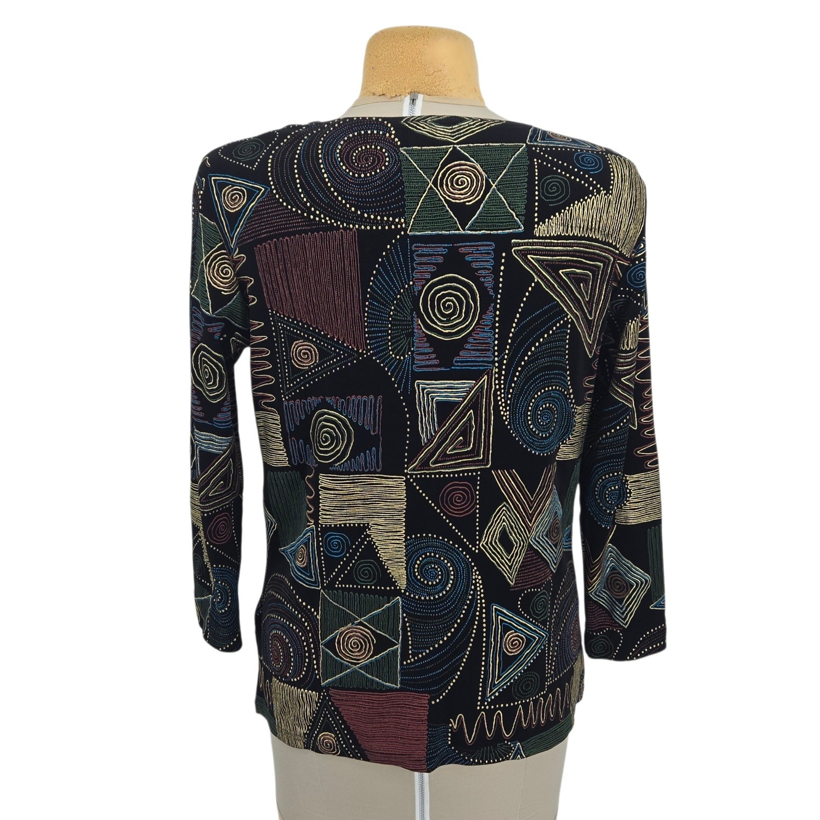 Marshall-Rousso Top M Black Geometric Abstract Vintage Artsy Resort Going Out