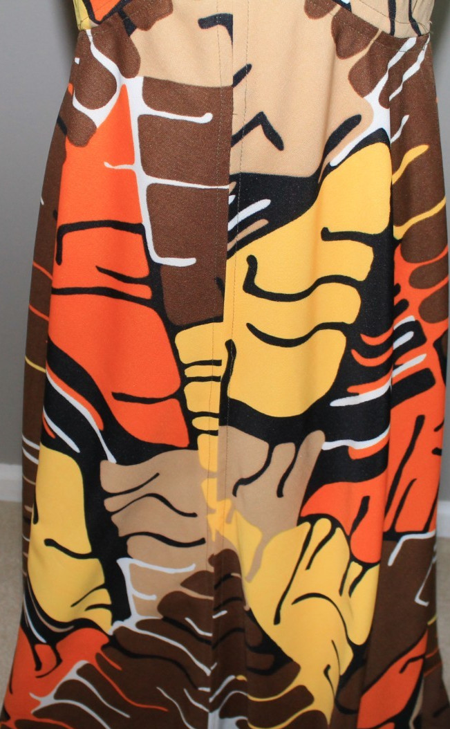 Vintage 70s Mod Maxi Dress Psychedelic Brown Orange Yellow Hippie Hawaiian Small