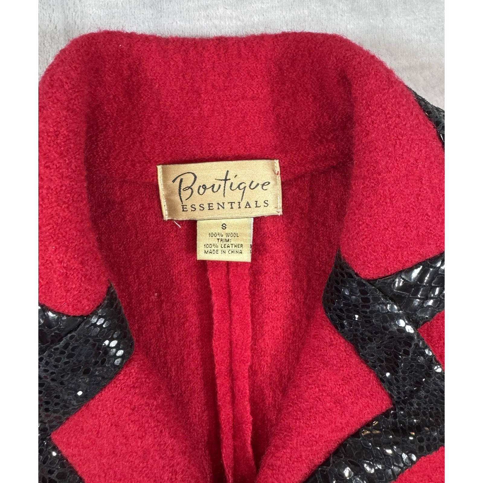 Vintage 1980s Red Wool Jacket Black Leather Trim Boutique Essentials Small