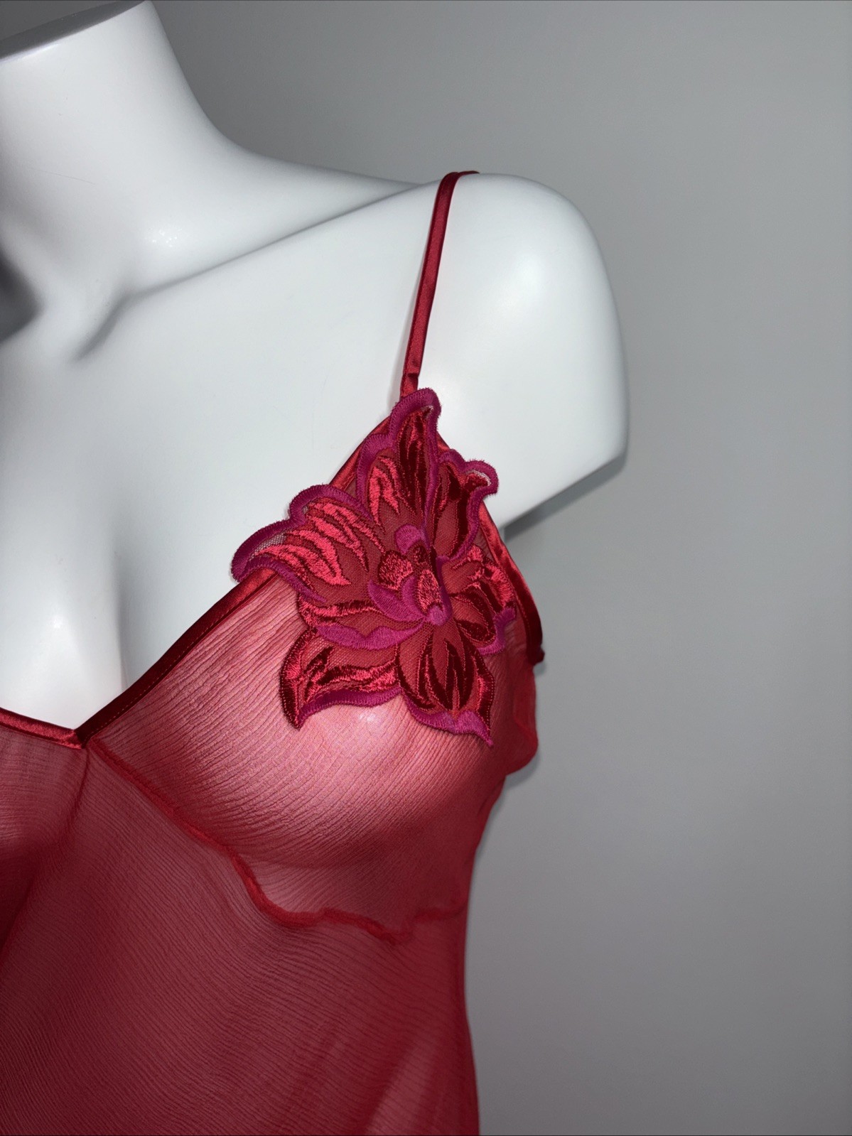 Vintage Victoria’s Secret Red 100% Silk Babydoll Sheer Mesh Floral NWT M Gown