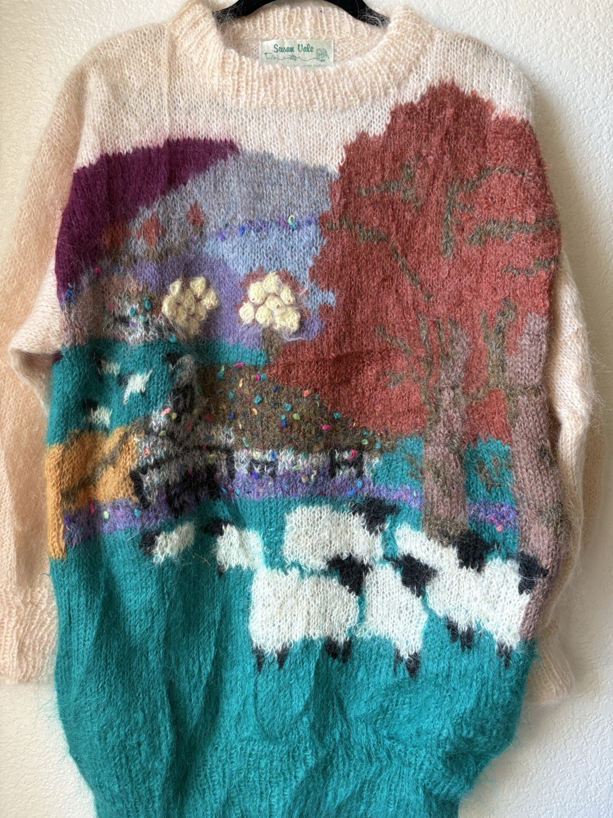 Susan Vale Hand Knitted Teal Multicolor Knit Sheep Landscape Sweater